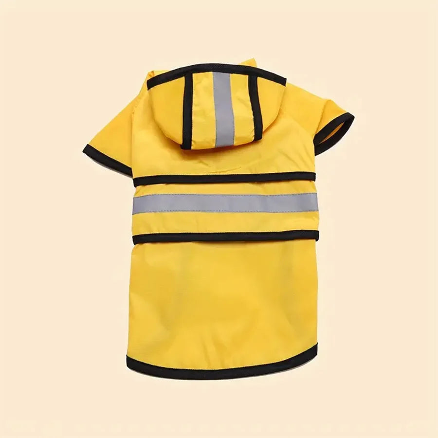 Bright yellow dog raincoat with black trim, a hood, and reflective grey strips for visibility.