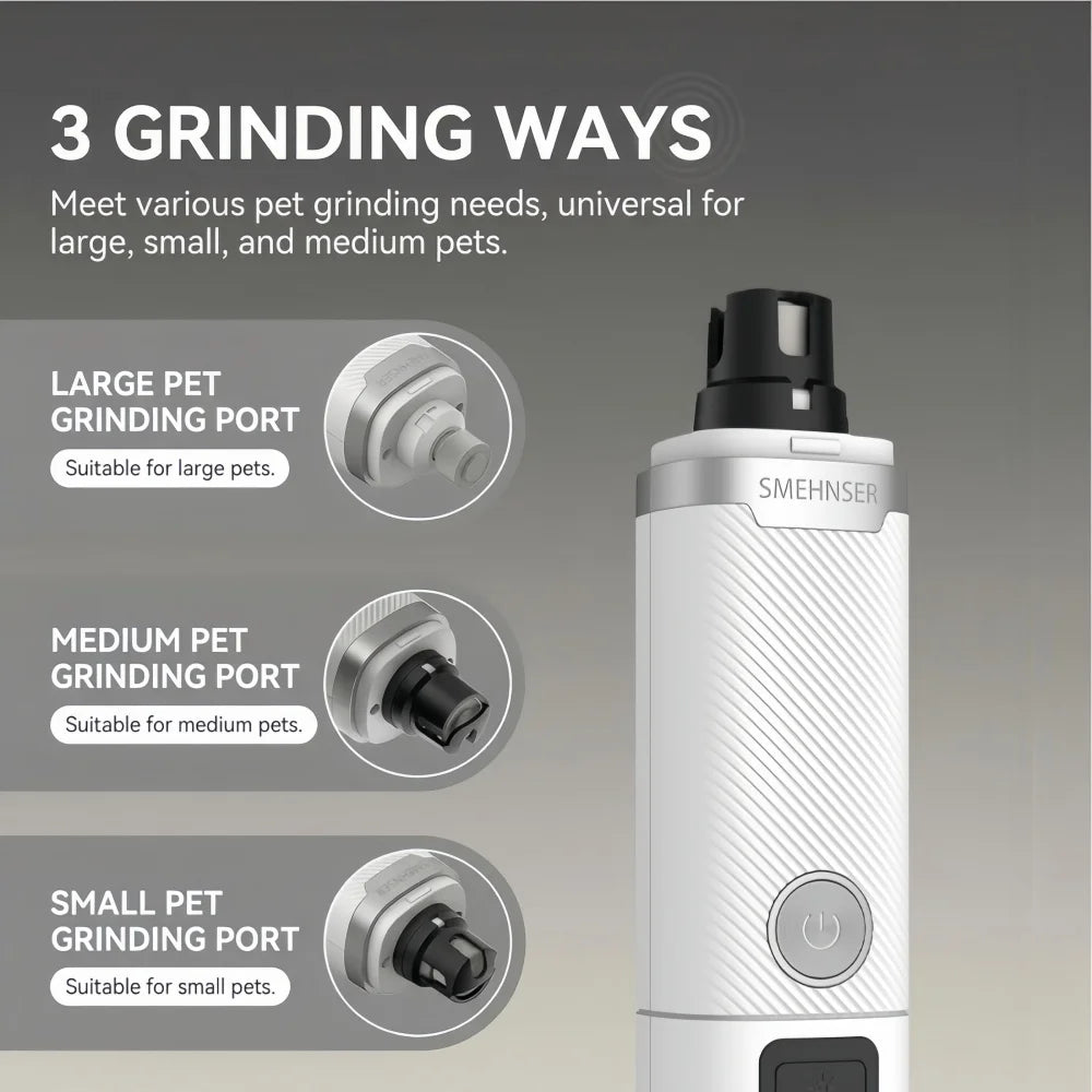 White electric pet nail grinder with an LED light, featuring three interchangeable ports for different pet sizes.