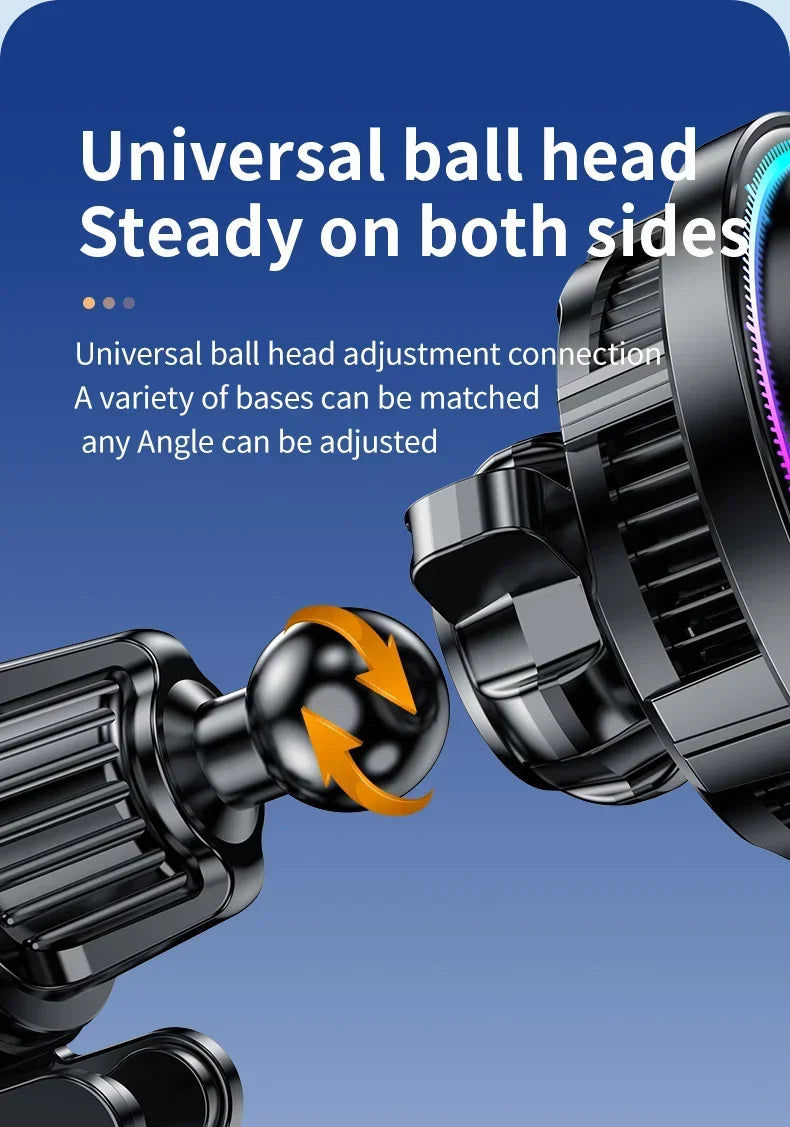 Black, adjustable ball joint mount for a device holder, featuring a sleek, ribbed design and circular rotating action.