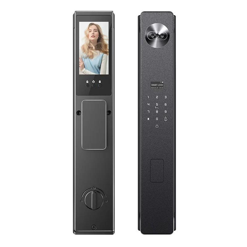 Grey metal smart door lock with a digital keypad, built-in display screen, camera, and manual thumb turn.