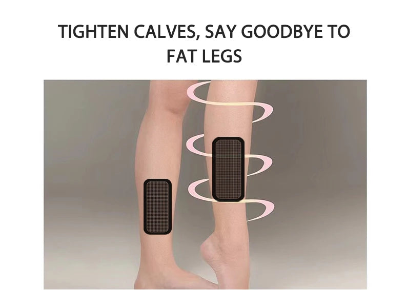 Black rectangular electronic muscle stimulation pads attached to a person’s lower legs with a pink graphic swirl.