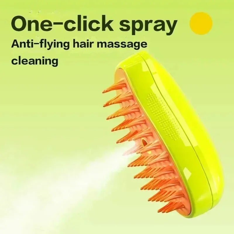 Bright yellow, oval electric pet grooming brush with orange silicone bristles and a one-click misting feature.