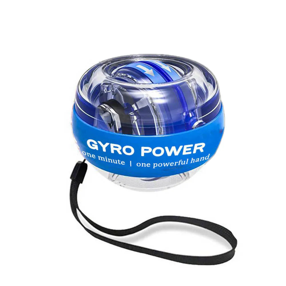 Blue Gyro Power wrist exercise ball with a clear plastic shell and a black carry strap.