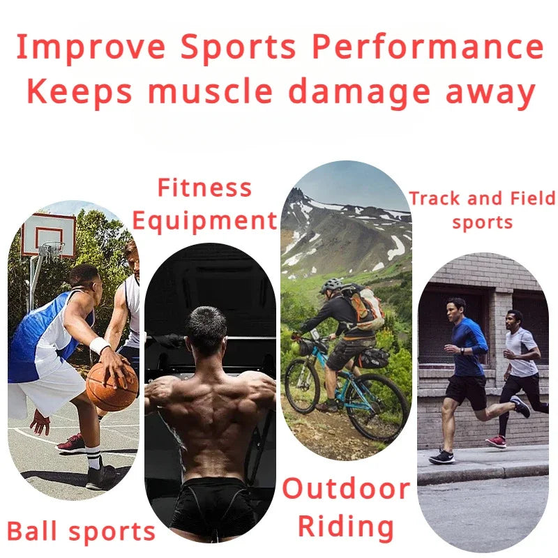 Four oval images showing people playing basketball, weightlifting, mountain biking, and running to improve performance.