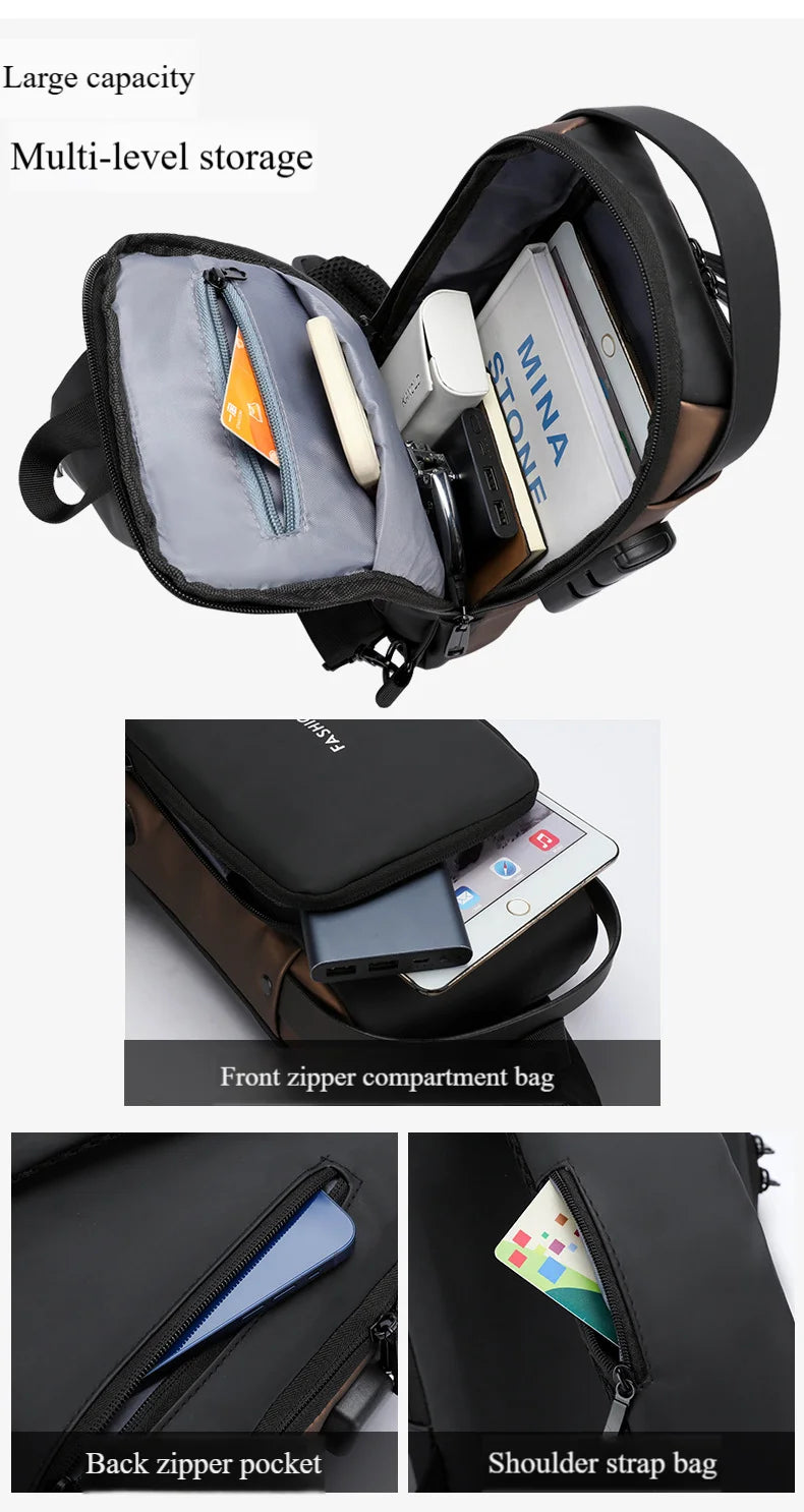 Black and brown anti-theft chest bag featuring a password lock, USB port, and multiple organiser compartments.