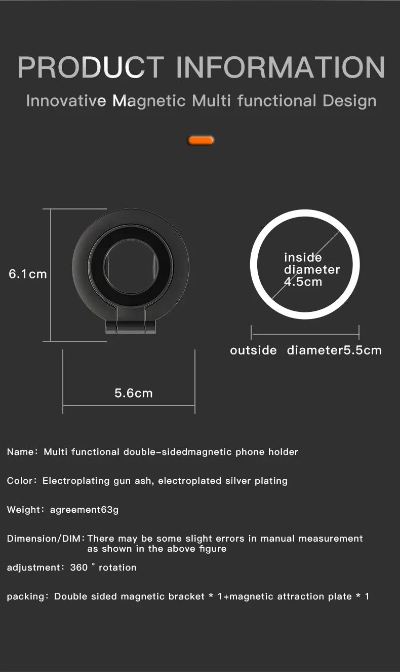 Round, metallic, double-sided magnetic phone holder with 360-degree rotation. Available in gunmetal and silver.