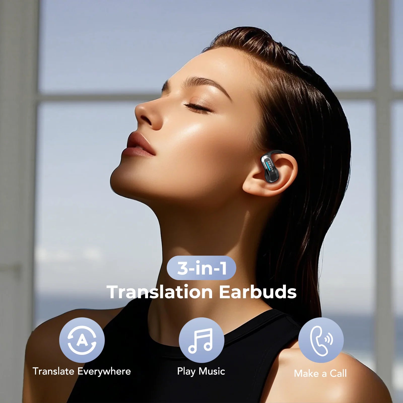 A woman wears a sleek, black 3-in-1 translation earbud featuring a modern, ergonomic hook design.