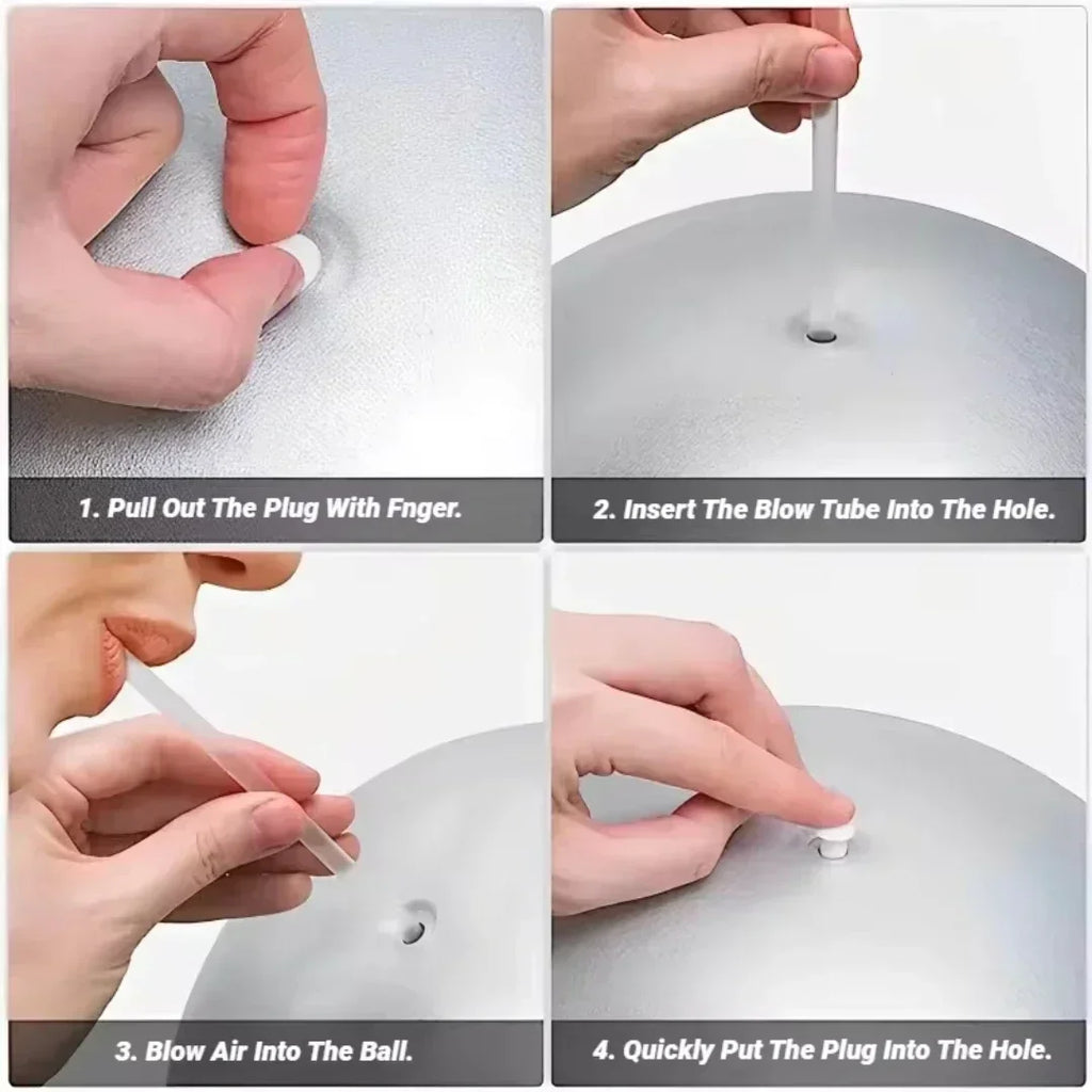Four-step instructions showing how to inflate a silver ball using a small plug and blow tube.