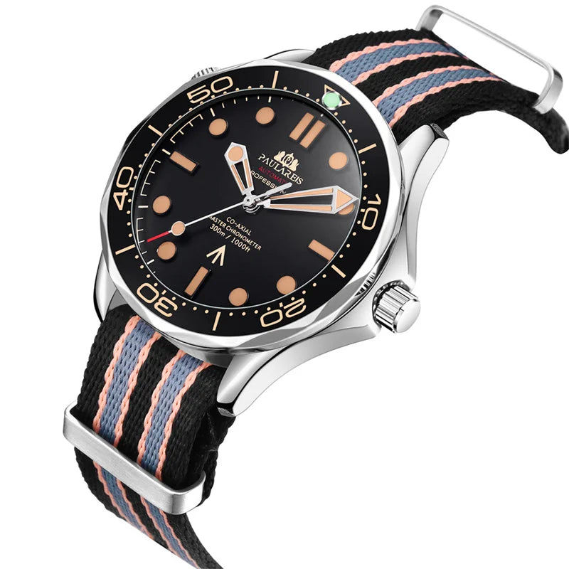 Classic men's automatic watch with a black dial, stainless steel case, and black and grey striped fabric strap.