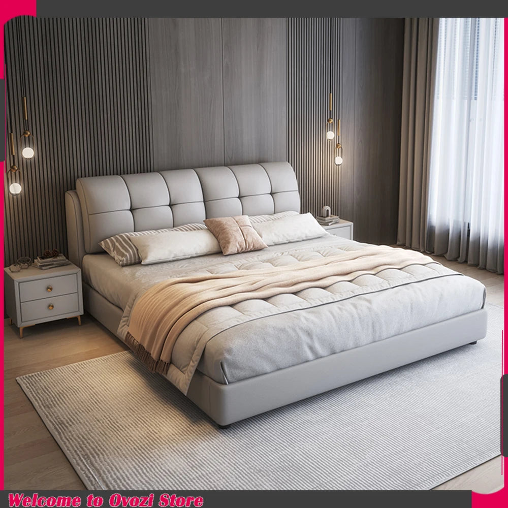 Minimalist light grey queen-size upholstered bed frame with a button-tufted headboard in a modern bedroom setting.