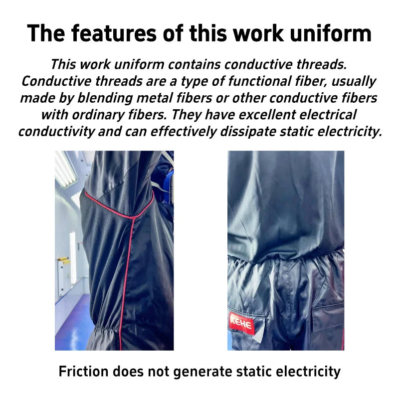 Anti-static black work uniform with conductive threads and red trim, featuring mesh panels and pockets.
