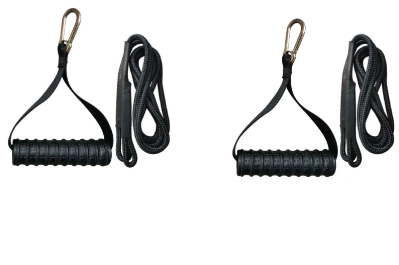 Two black exercise cable handles with carabiners, straps, and coiled black ropes against a white background.