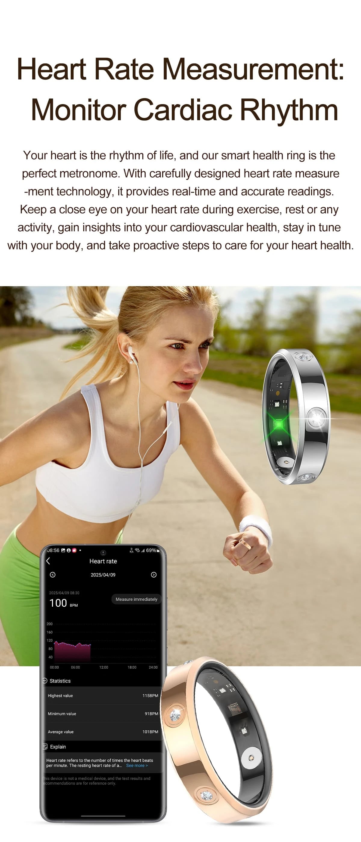 A woman running next to a silver and rose gold smart fitness ring and a smartphone app showing heart rate data.