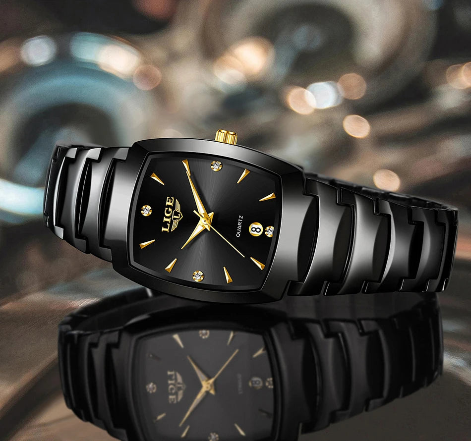 Elegant ladies' black stainless steel quartz watch with gold-tone hands, crystal markers and a date display.