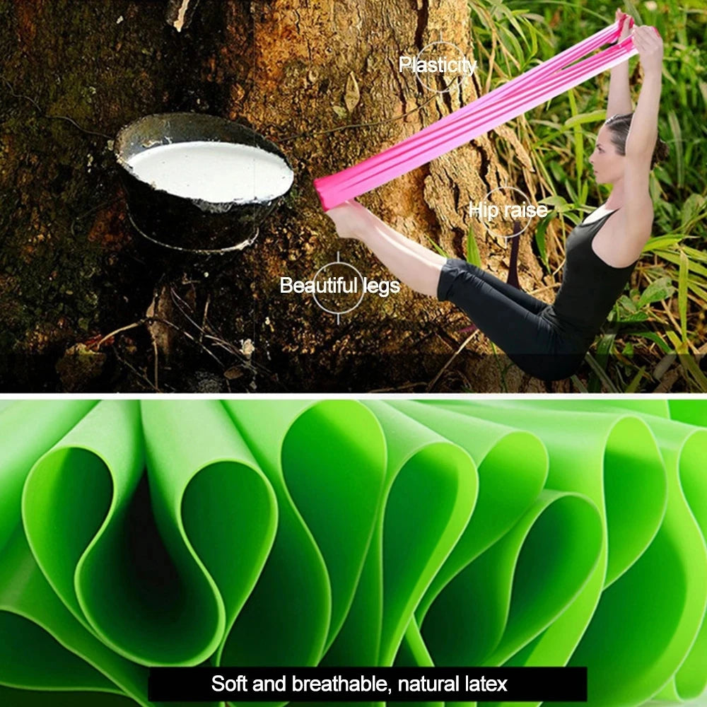 Woman using a bright pink fitness resistance band in a forest, with a close-up of folded green latex material below.