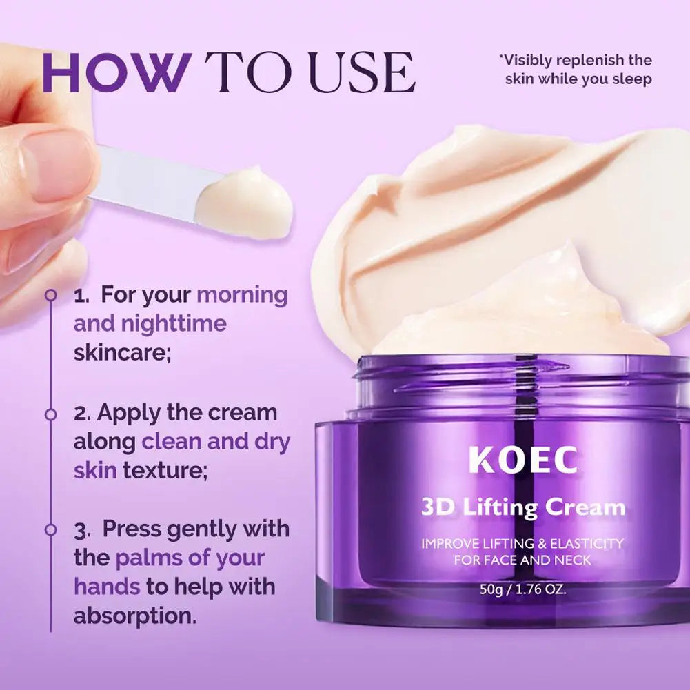 Infographic showing a purple jar of face and neck lifting cream with instructions for application.