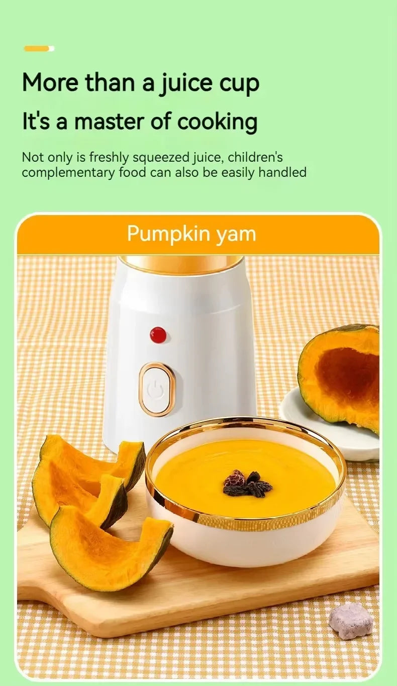White portable blender next to a bowl of yellow soup and pumpkin slices on a wooden board.