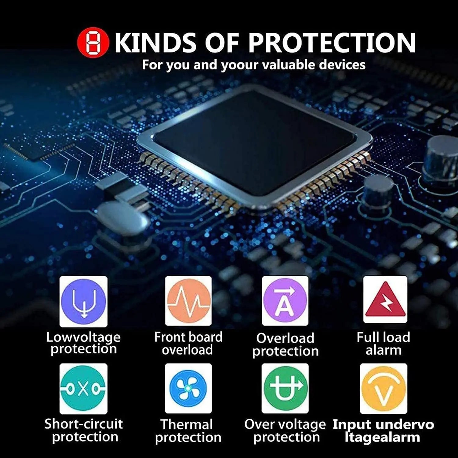 Circuit board background with eight colourful icons illustrating safety protection features for a power inverter.