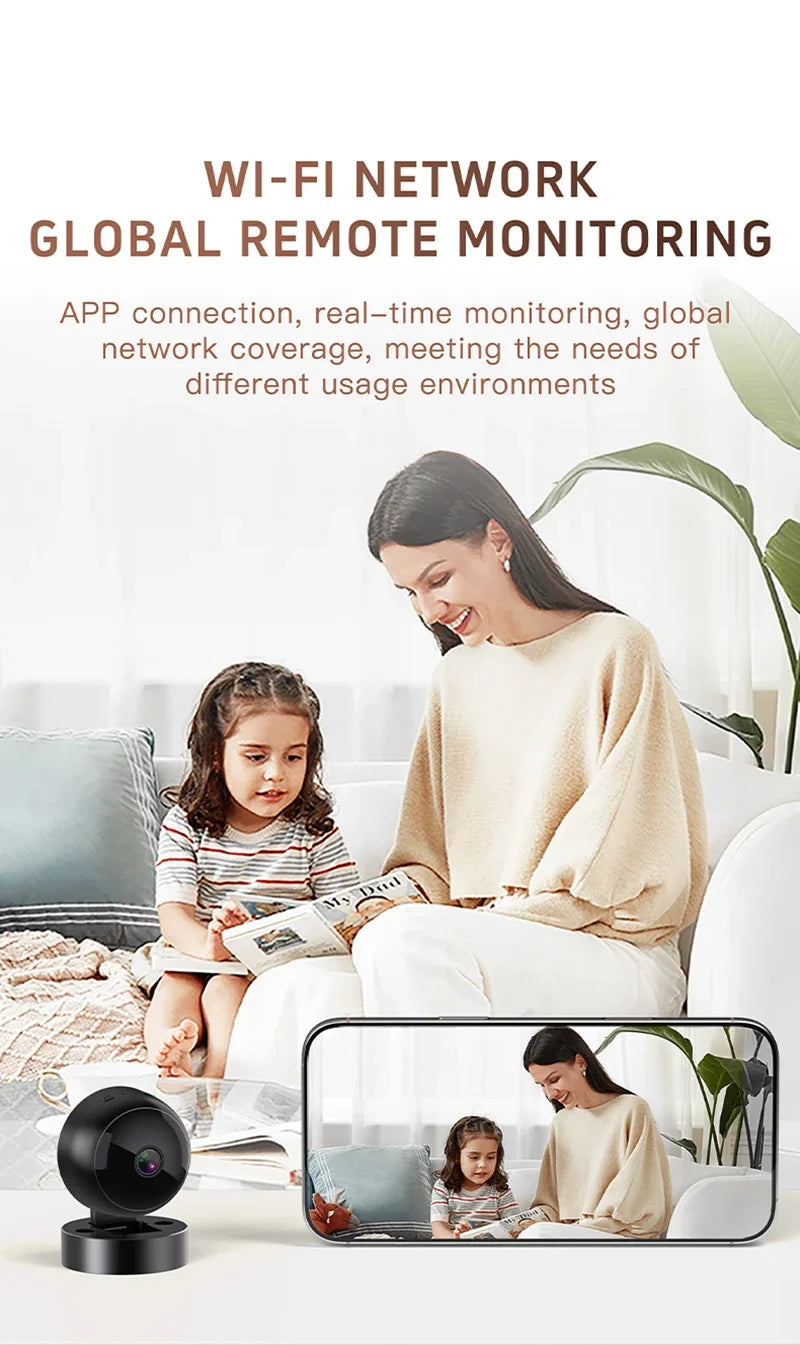 Compact black 360° wireless security camera shown with a smartphone displaying a live 4K remote monitoring feed.
