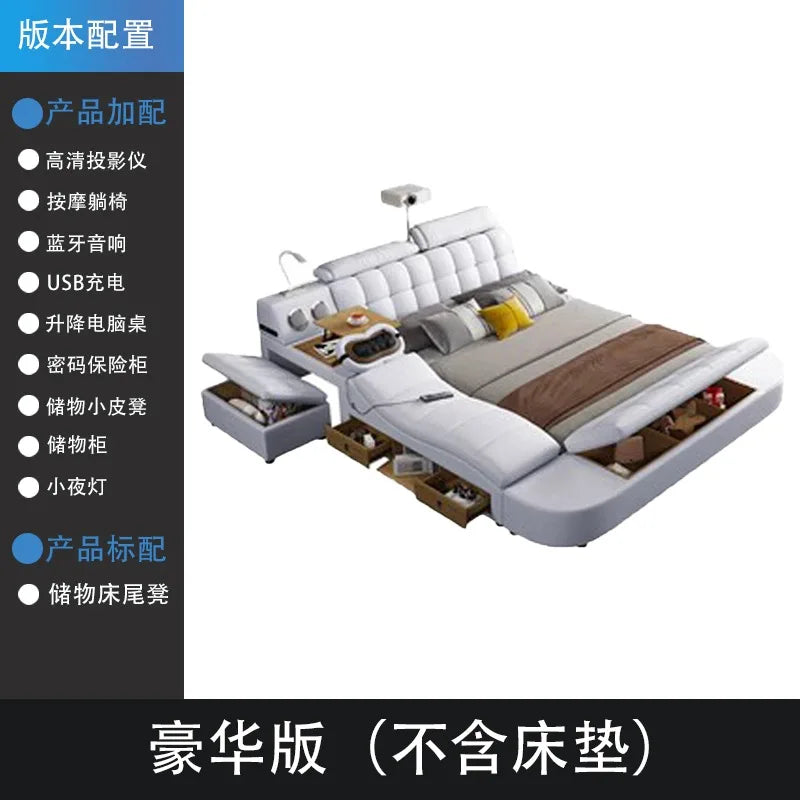 Modern white genuine leather bed frame with integrated storage, bedside table, and functional tech features.