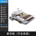 Modern white genuine leather bed frame with integrated storage, bedside table, and functional tech features.