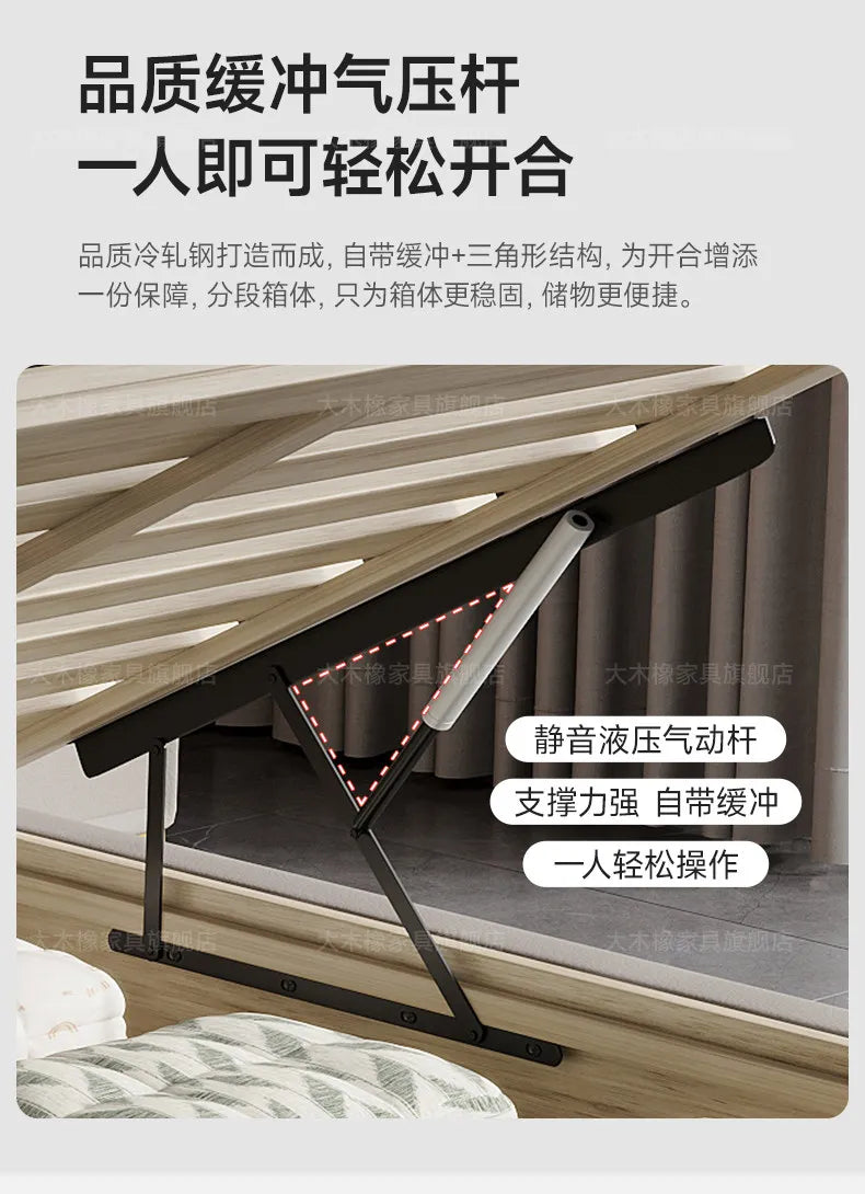 Close-up of a modern bed base with a black hydraulic gas-lift mechanism for easy, effortless under-bed storage access.