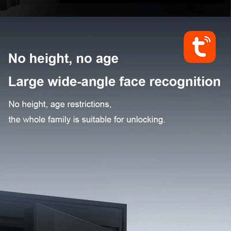 A grey smart door lock featuring wide-angle facial recognition technology for all ages and heights.