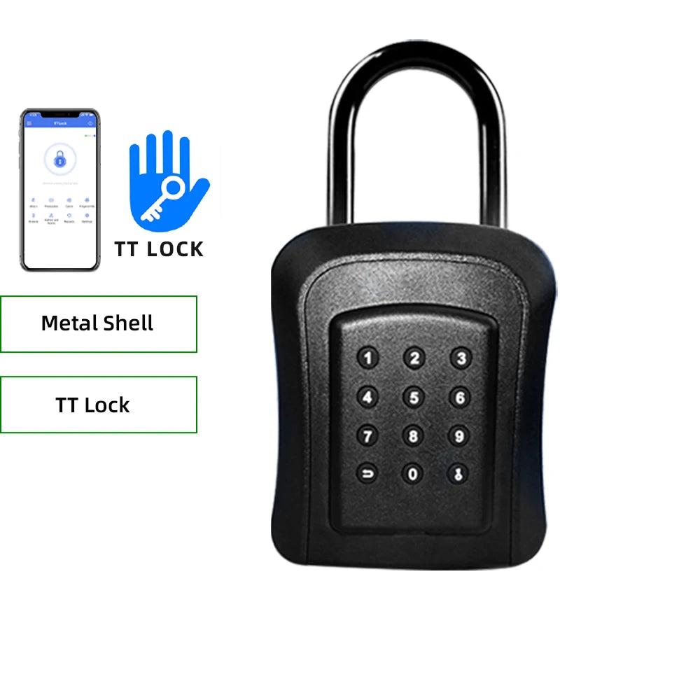 Black metal key lock box with a digital keypad, shackle, and TT Lock app compatibility for smartphone unlocking.