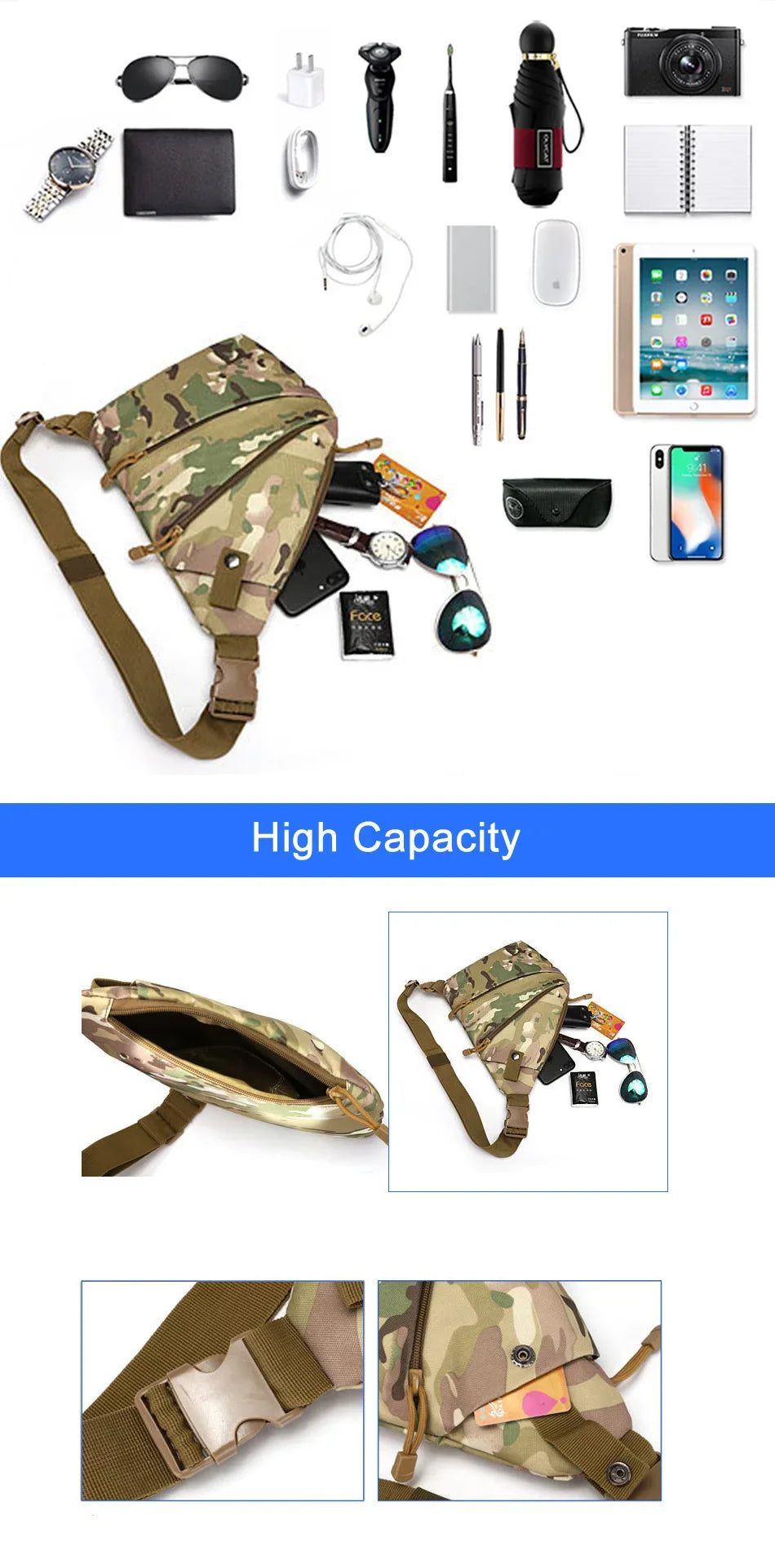 Compact camouflage crossbody sling bag with a secure buckle strap and organised pockets for daily travel essentials.