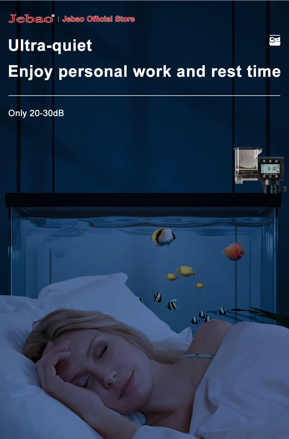 Black digital automatic fish feeder mounted on an aquarium above a person sleeping, promoting ultra-quiet operation.
