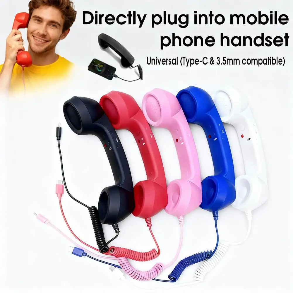 Five vintage-style mobile phone handsets in black, red, pink, blue, and white with universal 3.5mm and Type-C cables.