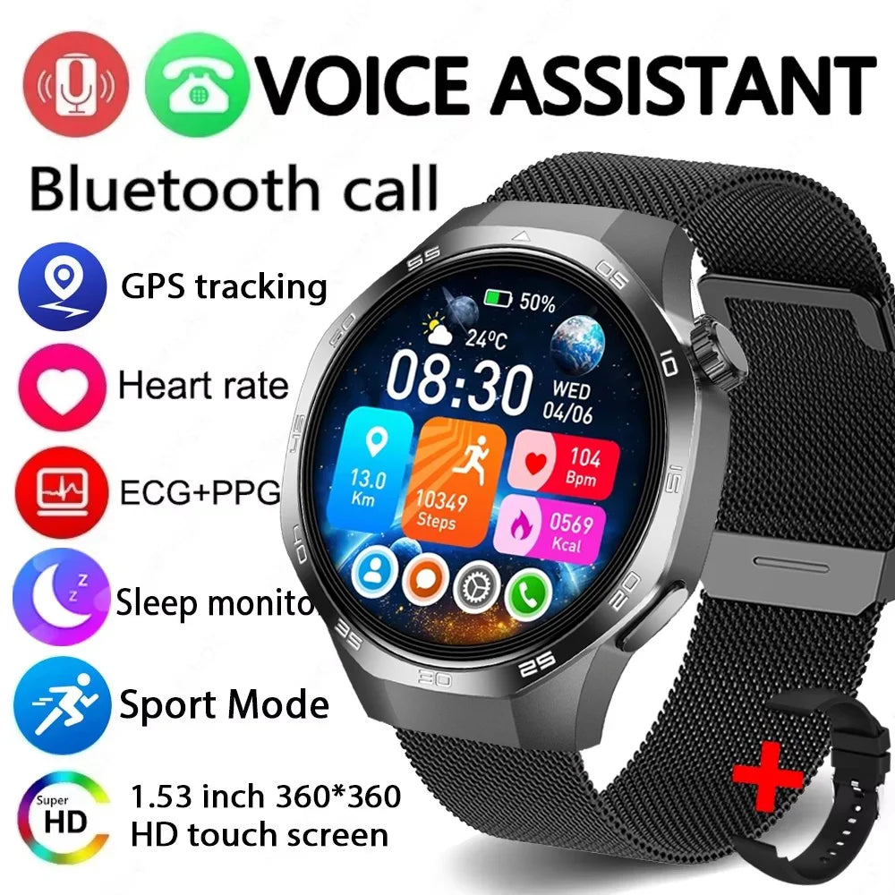 Black circular smartwatch with a mesh strap, HD touch screen, and features like GPS, heart rate, and sleep tracking.
