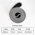 Grey coiled resistance band with a specification table showing 2080mm length and 230-250LB resistance.