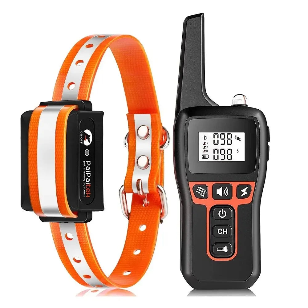 Orange and reflective dog training collar with a black remote control featuring an LCD screen and button controls.