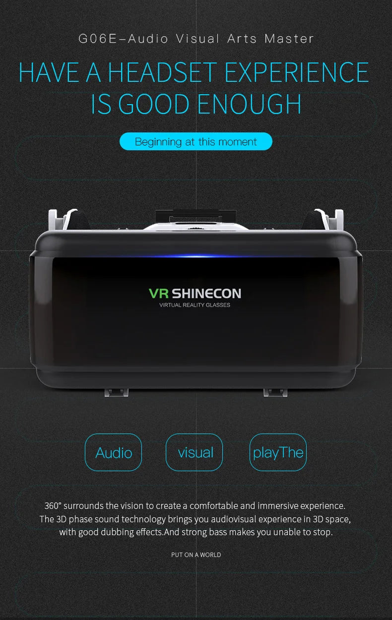 Black, sleek VR headset for smartphones, designed for an immersive 360-degree audiovisual experience.