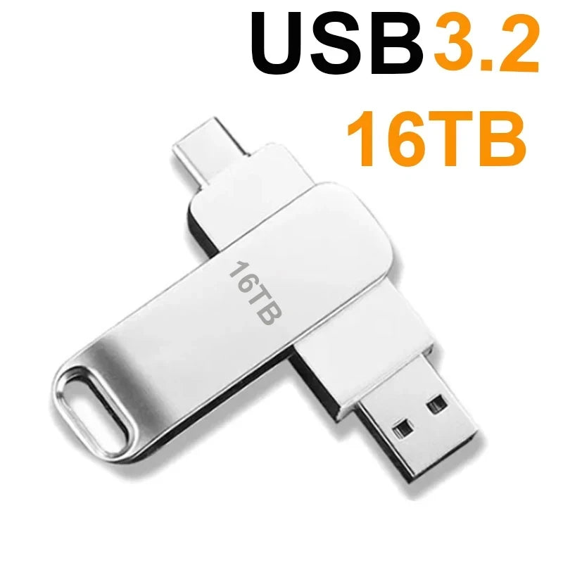 Silver 2-in-1 USB 3.2 flash drive with 16TB capacity, featuring USB-A and USB-C connectors and a sleek metal design.
