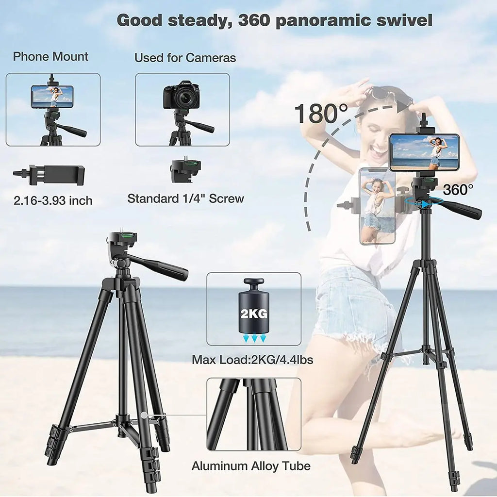 Black aluminum tripod for phones and cameras with 360-degree panoramic swivel and 2kg max load capacity.