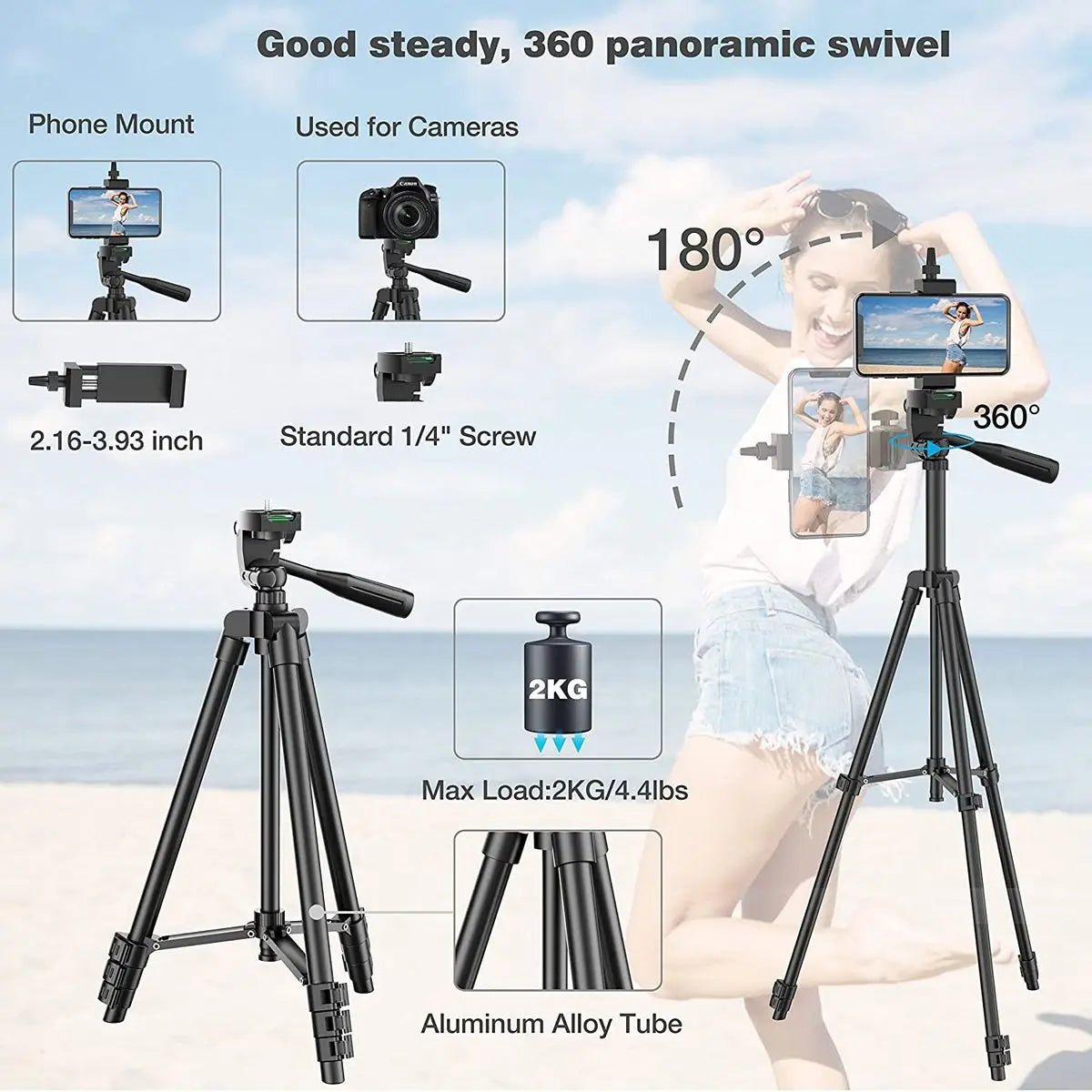 Black aluminum tripod for phones and cameras with 360-degree panoramic swivel and 2kg max load capacity.
