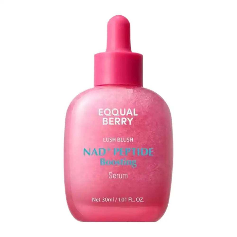 Pink 30ml facial serum bottle with a dropper cap, featuring clear text for NAD+ Peptide Boosting Serum.