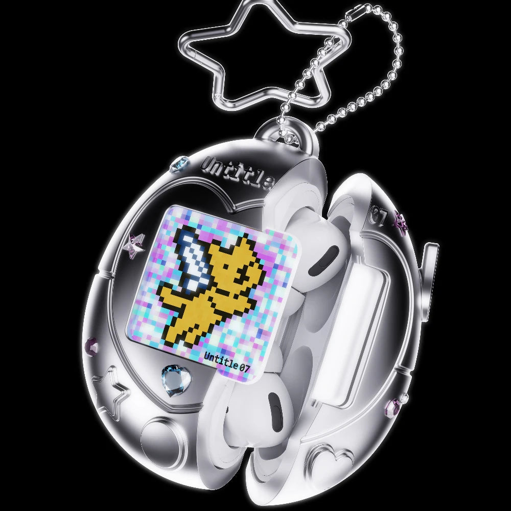 Silver metallic AirPod Pro case with Y2K pixel art charm, star keyring and gem embellishments. Black background.