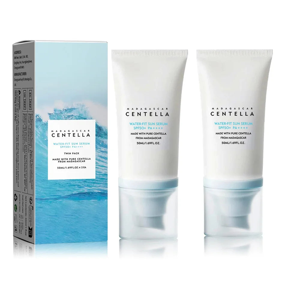 Two white 50ml SPF50+ sun serum tubes and their box, featuring blue wave branding and centella extract.