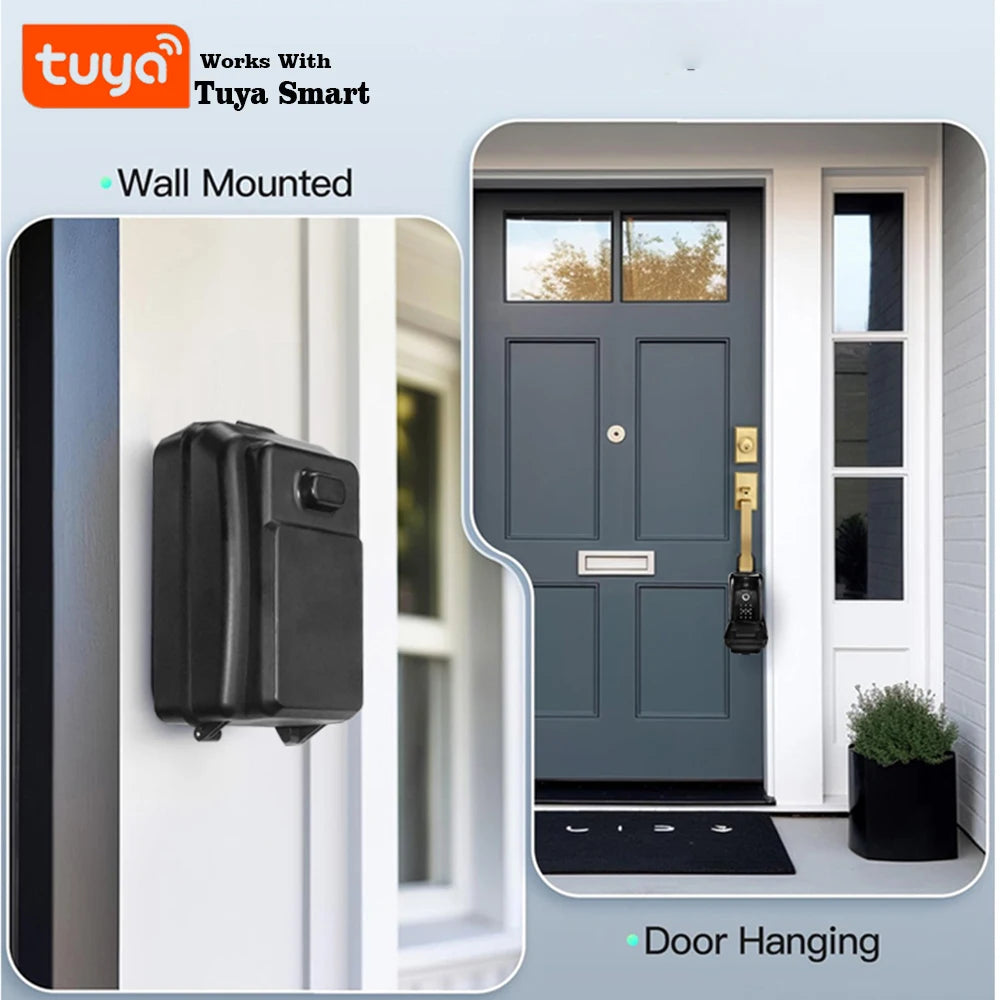 Black metal smart key lock box shown mounted on a wall and hanging on a door handle.