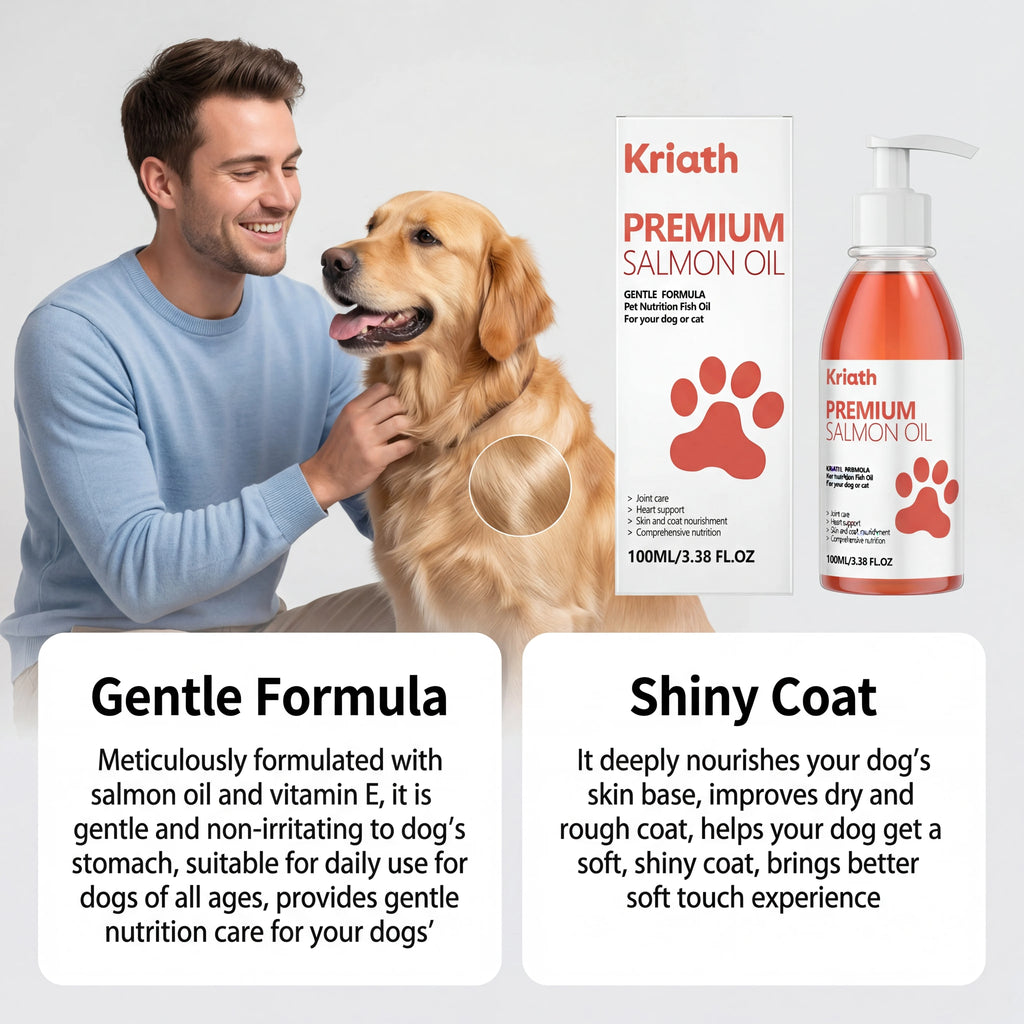 Bottle of premium salmon oil supplement for dogs, featuring a pump dispenser and health benefits for skin and coat.