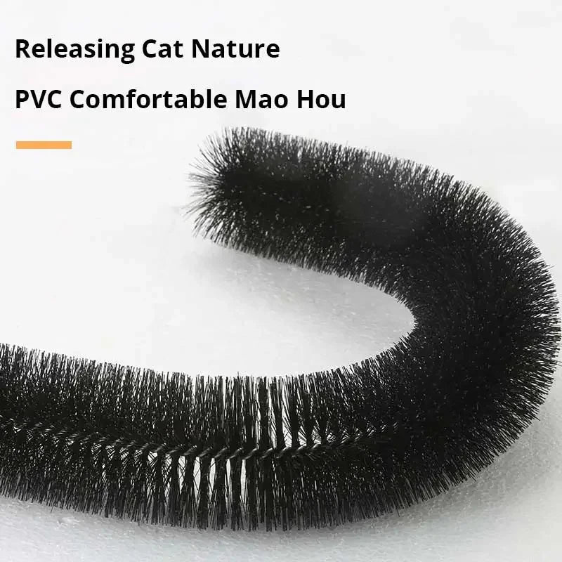 A flexible black bristled arch brush for cats, designed for self-grooming and scratching.