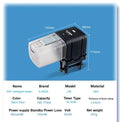 Black and clear automatic fish tank feeder with clamp, showing dimensions and technical specifications.