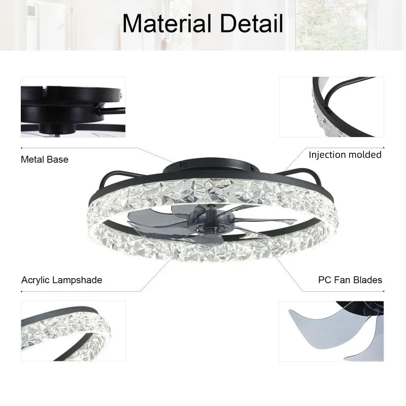 Modern black ceiling fan with an acrylic crystal-effect light shade and internal blades, shown with material details.