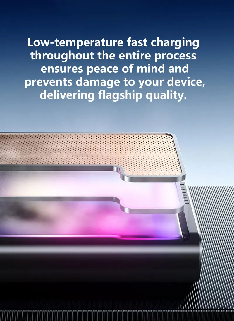 Sleek, grey 120W power bank with a ventilated top layer, showcasing advanced low-temperature fast charging technology.