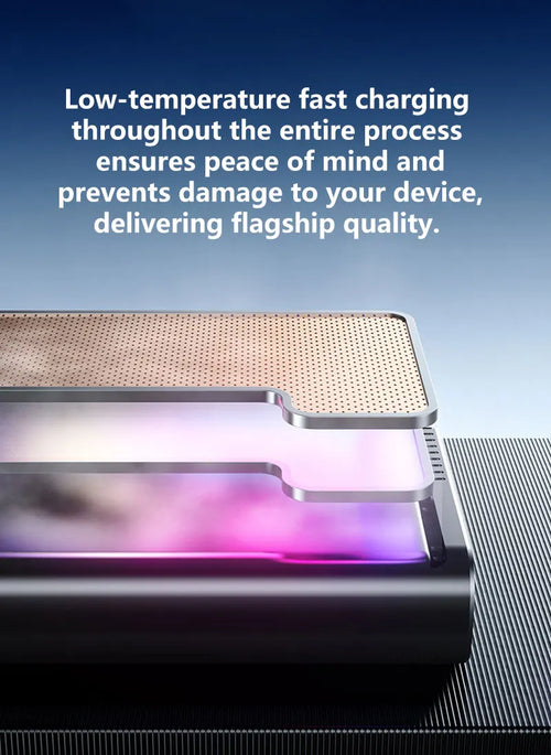 Sleek, grey 120W power bank with a ventilated top layer, showcasing advanced low-temperature fast charging technology.
