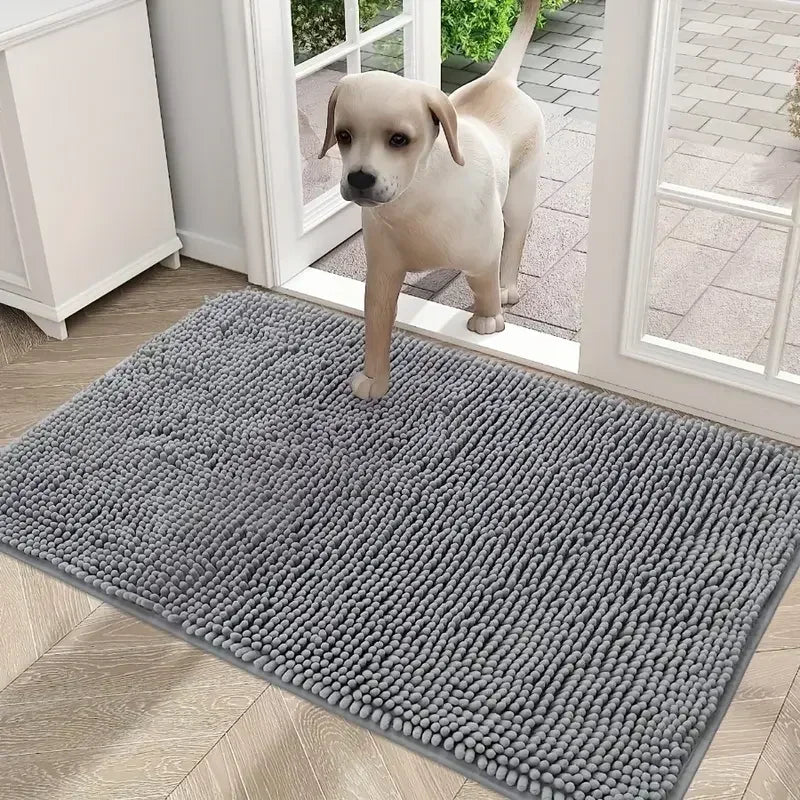 A puppy steps onto a grey, textured, absorbent microfibre doormat placed by a glass door.