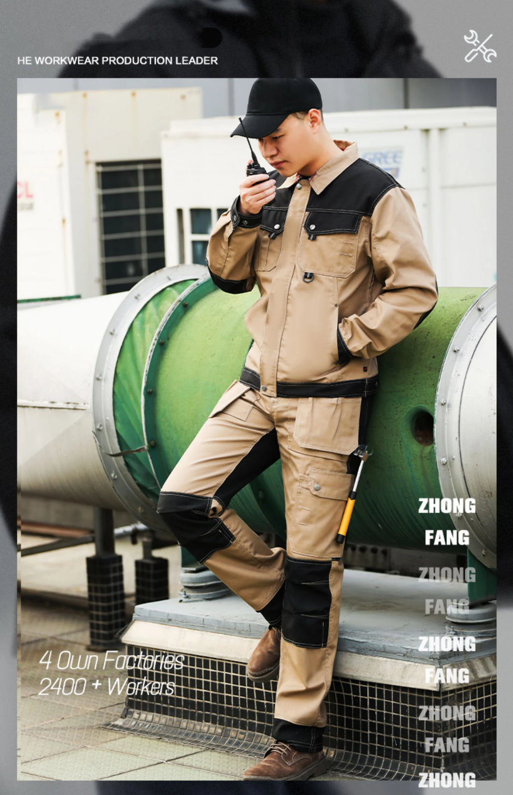 Men’s beige and black cotton cargo work trousers with reinforced knee patches and multiple utility pockets.